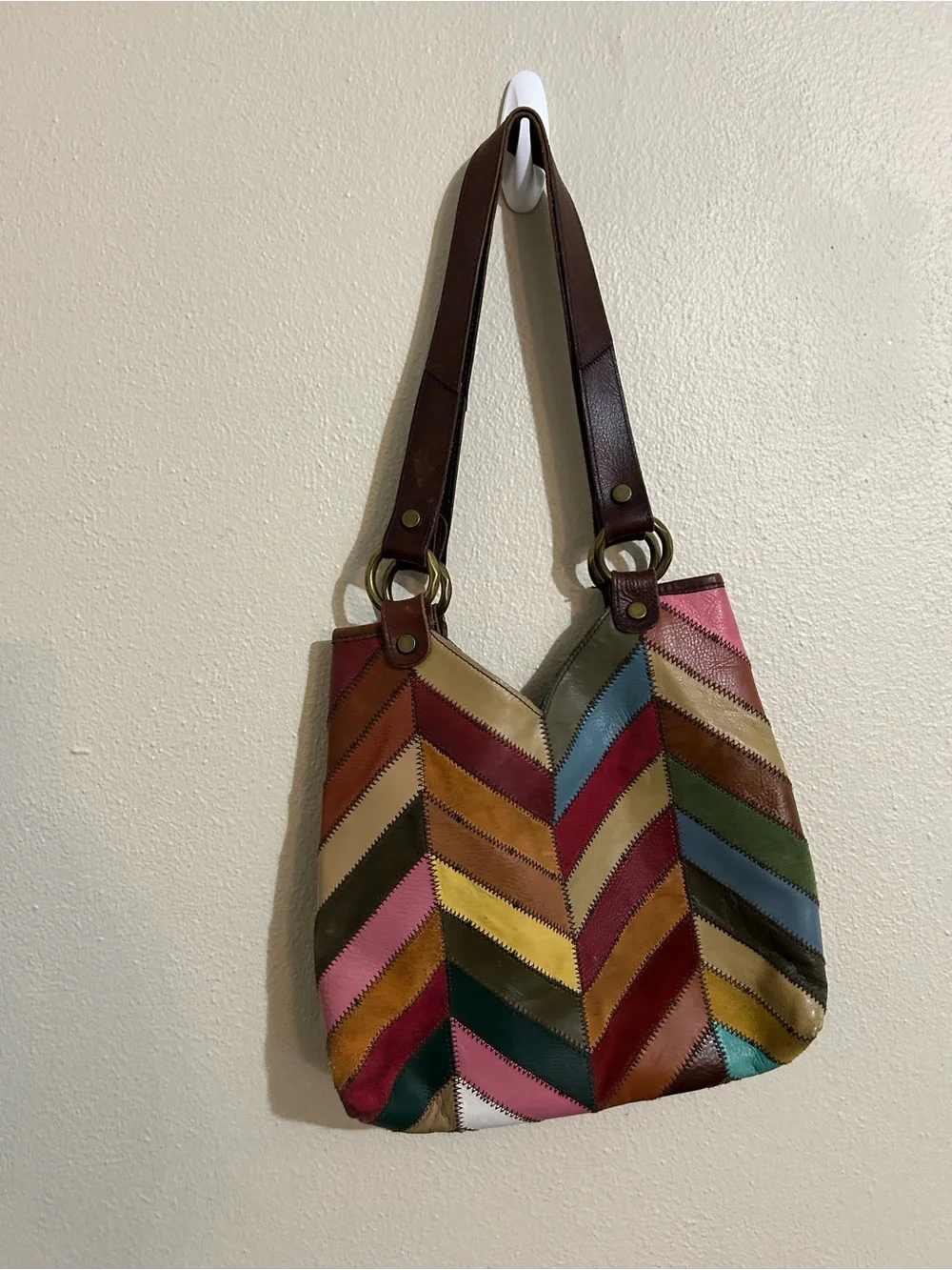 Lucky Brand Leather Multi-Color Chevron Patchwork Shoulder Bag Boho Vintage Y2K